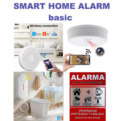 SMART HOME ALARM basic kit consists of - concealed security camera - water leak detector - combined smoke and carbon monoxide detector,warning sign