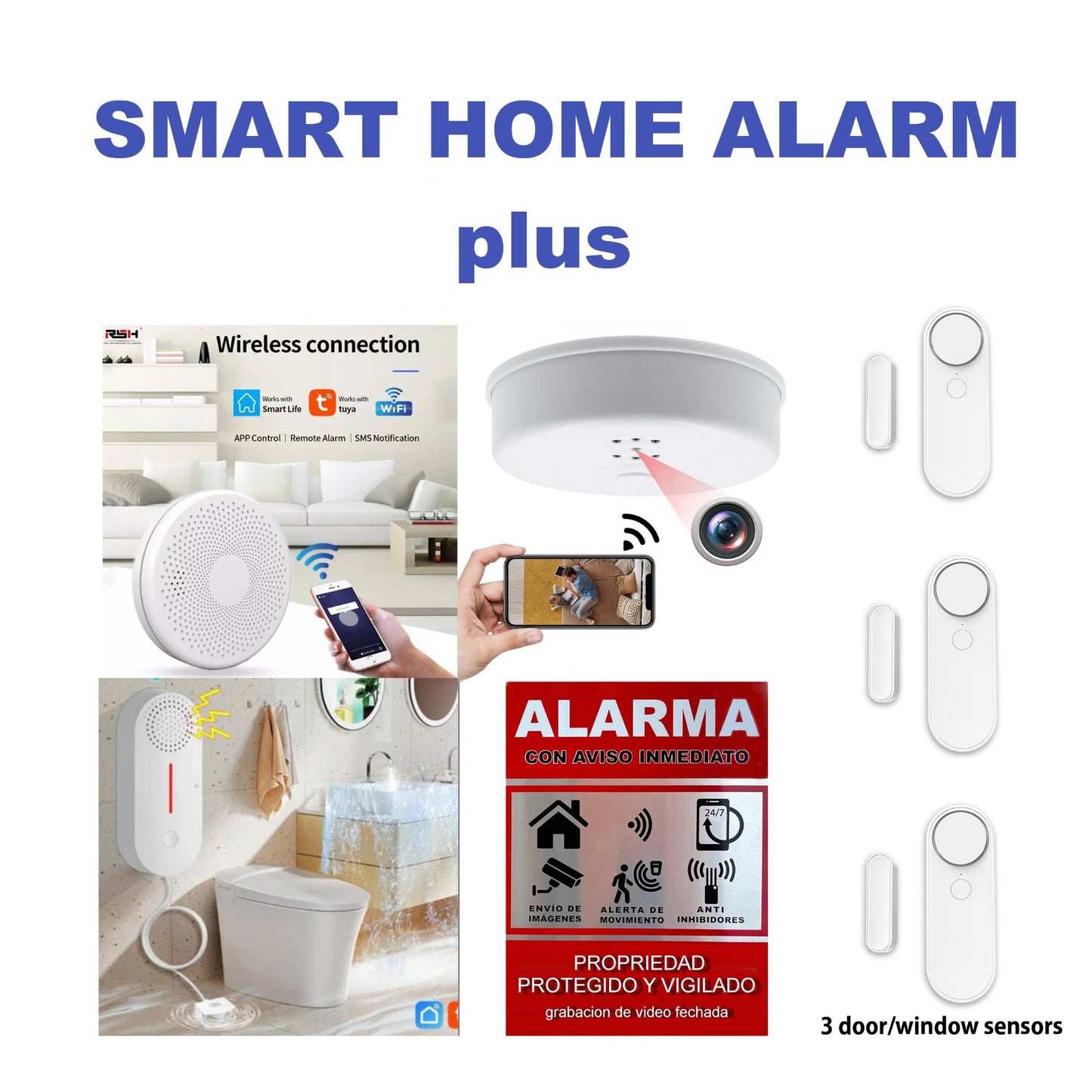 SMART HOME ALARM Plus  kit consists of - concealed security camera - water leak detector - combined smoke and carbon monoxide detector , 3 sensors door/ window alarm ,warning sign .